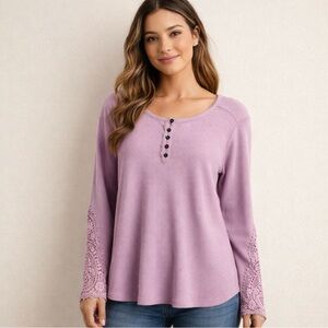 Soft Surroundings Maggie‎ Waffle Knit Lilac Lace Henley Top Small Hiking Outdoor